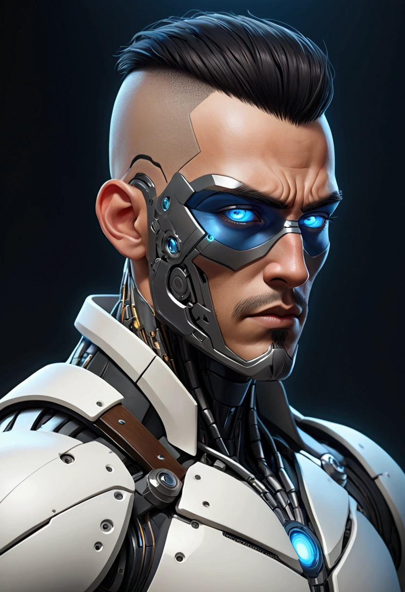 (best quality, Art, animation styling, Full of details), Upper body cut of a man with an Indian warrior feel, A man with a thick facial bone structure, A man with a thick neck and developed trapezius muscles, official anime art illustration, White person with blue eyes, Cartoon of a man wearing a mask on his face, protruding eyes, semi-realistic cyberpunk style, Portrait of a cyberpunk man, cyberpunk art ultrarealistic 8k, cyberpunk style ， hyper realist, cyberpunk character, Trends in ArtStation, Complete movie character, Trends in ArtStation 4k, Cyberpunk Cyborg Upper Body, Realistic upper body like a movie, A perfectly realistic cyberpunk hero., inc썩음ibly detailed, 8k, Ultra HD, Art, best quality, very detailed, convoluted, Expressing the upper body, Show me your waist, Cyborg, a machine-to-human ratio, Chest area full of visible machine parts, Machine parts for abs too, All below the neck is mechanical, Attaching machine parts to the face, Strong light emission on waist belt, A brightly lit city background, dark colored machine, full body pose, whole body