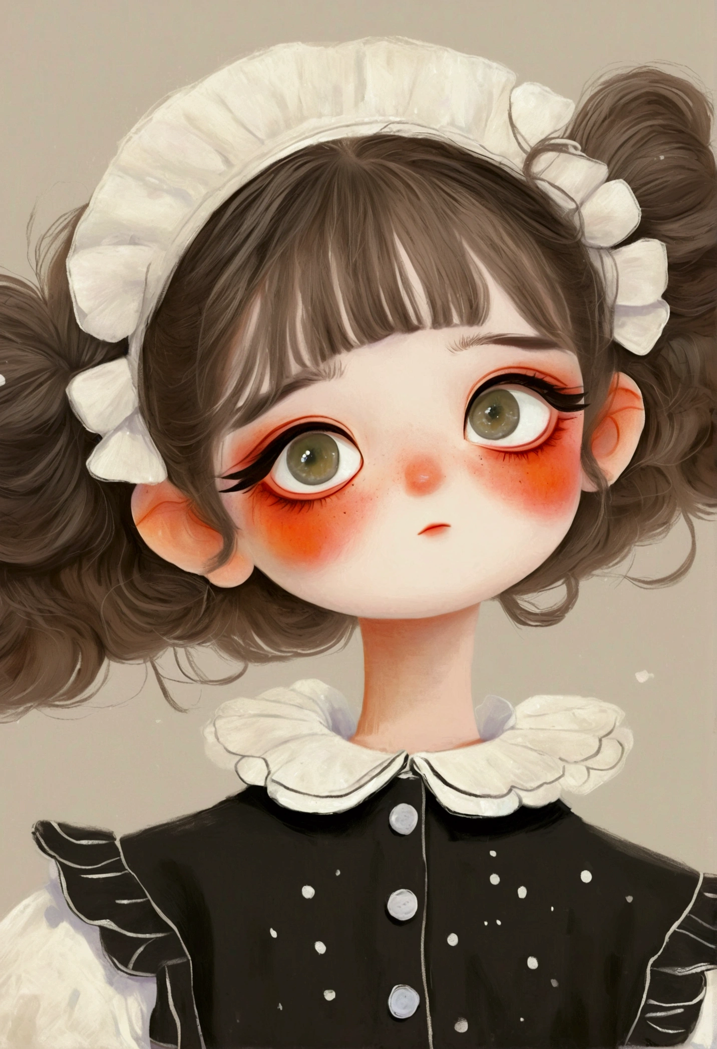 A painting，Pastel Art：Little girl in black and white maid costume。big eyes，short hair，Lovely art style, Lovely and detailed digital art, Cute numbers艺术, Lovely artwork, Kawaii realistic portrait, Change, Cute numbers, Lovely portrait, Kasuga, Lovely characters, Cute, colorful and adorable
