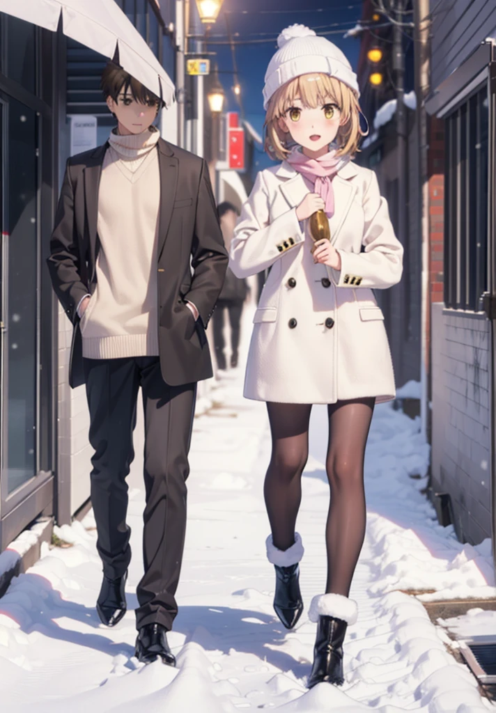 Irohaisshiki, isshiki iroha, short hair, Brown Hair, (Brown eyes:1.5), smile,Open your mouth,White Breath,low twin tail,Knitted hat,White scarf,Yellow long coat　Open front,Pink v-neck sweater,Short denim,Black pantyhose,short boots,Walking,snowが降っている,snowが積もっている,moon,night,snow,snow,snow,snow,whole bodyがイラストに入るように,　　　　　　　　　break outdoors, Building district,
break looking at viewer,whole body,
break (masterpiece:1.2), Highest quality, High resolution, unity 8k wallpaper, (figure:0.8), (Beautiful attention to detail:1.6), Highly detailed face, Perfect lighting, Highly detailed CG, (Perfect hands, Perfect Anatomy),