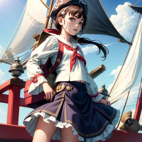 one girl（８age）, pirate, highest quality、cinema lighting、sailor suit、long skirt、 sailboat（galleon）on the mast、white panties,