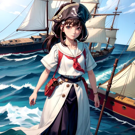 one girl（８age）, pirate, highest quality、cinema lighting、sailor suit、long skirt、 sailboat（galleon）on the mast、white panties,