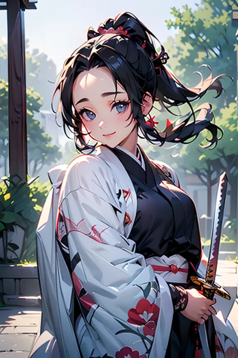 (((beautiful))), (((kimono, holding a sword))), ((black hair, parted bangs, forehead, ponytail, hair ornaments, chubby)), one wo...