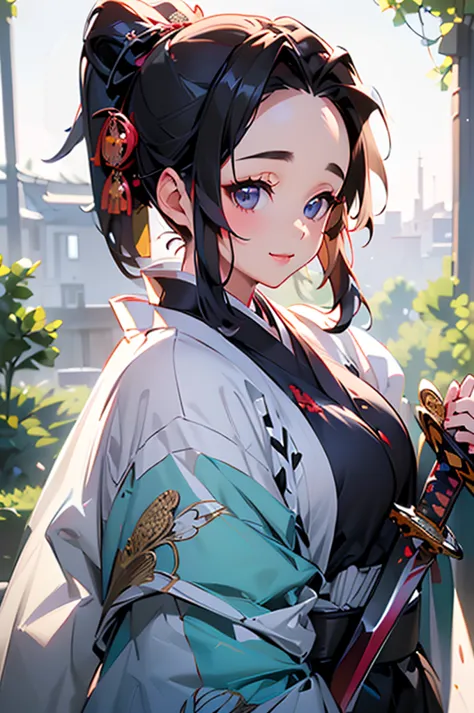 (((beautiful))), (((kimono, holding a sword))), ((black hair, parted bangs, forehead, ponytail, hair ornaments, chubby)), one wo...