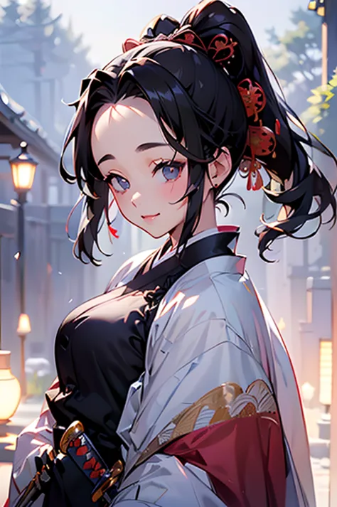 (((beautiful))), (((kimono, holding a sword))), ((black hair, parted bangs, forehead, ponytail, hair ornaments, chubby)), one wo...