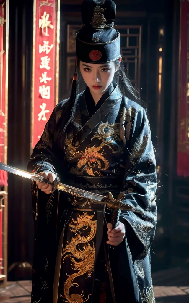 Ultra-high resolution，High-resolution details，reality，，Wearing embroidered Chinese clothing,（Dynamic Angle）,view,Practical,Luminescence,
Xueer Embroidered Guard Uniform,Royal Guards， have, Solitary,  Holding a sword, Black Hair, scar, Vague, scar on face, 1 female upper body，Solitary,Beautiful women,
