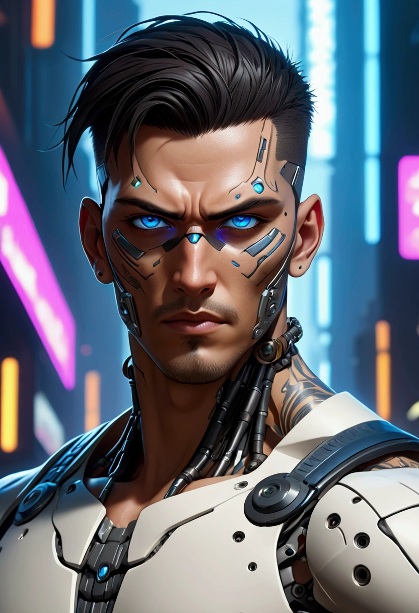 (best quality, Art, animation styling, Full of details), Upper body cut of a man with an Indian warrior feel, A man with a thick facial bone structure, A man with a thick neck and developed trapezius muscles, official anime art illustration, White person with blue eyes, Cartoon of a man wearing a mask on his face, protruding eyes, semi-realistic cyberpunk style, Portrait of a cyberpunk man, cyberpunk art ultrarealistic 8k, cyberpunk style ， hyper realist, cyberpunk character, Trends in ArtStation, Complete movie character, Trends in ArtStation 4k, Cyberpunk Cyborg Upper Body, Realistic upper body like a movie, A perfectly realistic cyberpunk hero., inc썩음ibly detailed, 8k, Ultra HD, Art, best quality, very detailed, convoluted, Expressing the upper body, Show me your waist, Cyborg, a machine-to-human ratio, Chest area full of visible machine parts, Machine parts for abs too, All below the neck is mechanical, Attaching machine parts to the face, Strong light emission on waist belt, A brightly lit city background, dark colored machine, full body pose, whole body