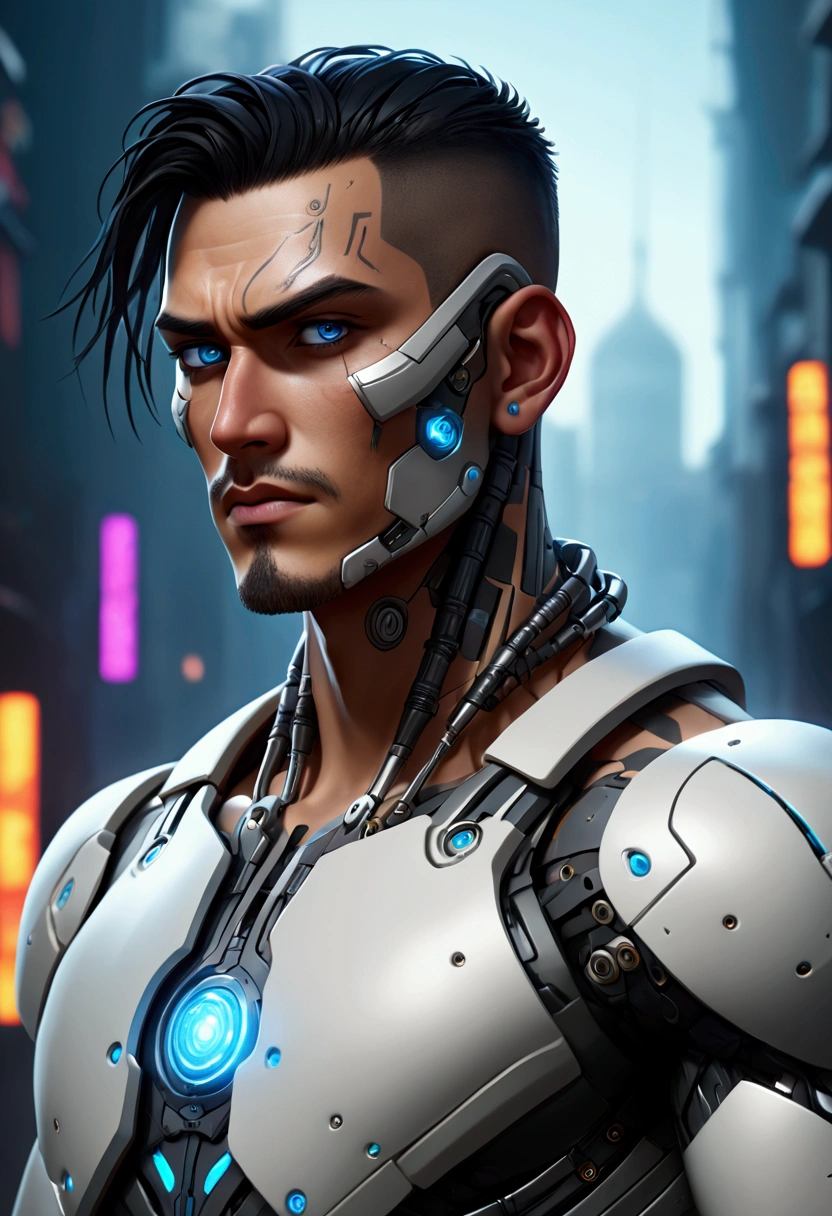 (best quality, Art, animation styling, Full of details), Upper body cut of a man with an Indian warrior feel, A man with a thick facial bone structure, A man with a thick neck and developed trapezius muscles, official anime art illustration, White person with blue eyes, Cartoon of a man wearing a mask on his face, protruding eyes, semi-realistic cyberpunk style, Portrait of a cyberpunk man, cyberpunk art ultrarealistic 8k, cyberpunk style ， hyper realist, cyberpunk character, Trends in ArtStation, Complete movie character, Trends in ArtStation 4k, Cyberpunk Cyborg Upper Body, Realistic upper body like a movie, A perfectly realistic cyberpunk hero., inc썩음ibly detailed, 8k, Ultra HD, Art, best quality, very detailed, convoluted, Expressing the upper body, Show me your waist, Cyborg, a machine-to-human ratio, Chest area full of visible machine parts, Machine parts for abs too, All below the neck is mechanical, Attaching machine parts to the face, Strong light emission on waist belt, A brightly lit city background, dark colored machine, full body pose, whole body