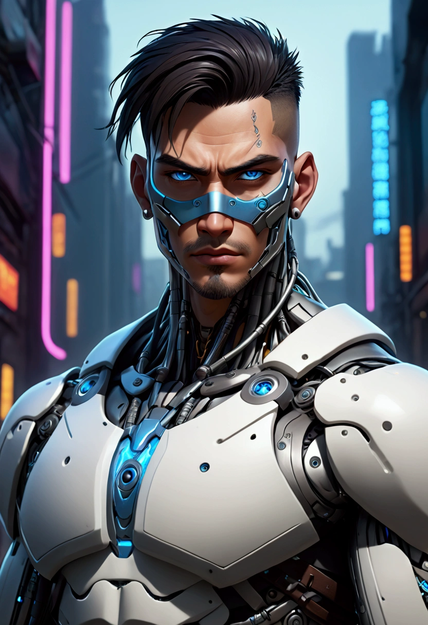 (best quality, Art, animation styling, Full of details), Upper body cut of a man with an Indian warrior feel, A man with a thick facial bone structure, A man with a thick neck and developed trapezius muscles, official anime art illustration, White person with blue eyes, Cartoon of a man wearing a mask on his face, protruding eyes, semi-realistic cyberpunk style, Portrait of a cyberpunk man, cyberpunk art ultrarealistic 8k, cyberpunk style ， hyper realist, cyberpunk character, Trends in ArtStation, Complete movie character, Trends in ArtStation 4k, Cyberpunk Cyborg Upper Body, Realistic upper body like a movie, A perfectly realistic cyberpunk hero., inc썩음ibly detailed, 8k, Ultra HD, Art, best quality, very detailed, convoluted, Expressing the upper body, Show me your waist, Cyborg, a machine-to-human ratio, Chest area full of visible machine parts, Machine parts for abs too, All below the neck is mechanical, Attaching machine parts to the face, Strong light emission on waist belt, A brightly lit city background, dark colored machine, full body pose, whole body