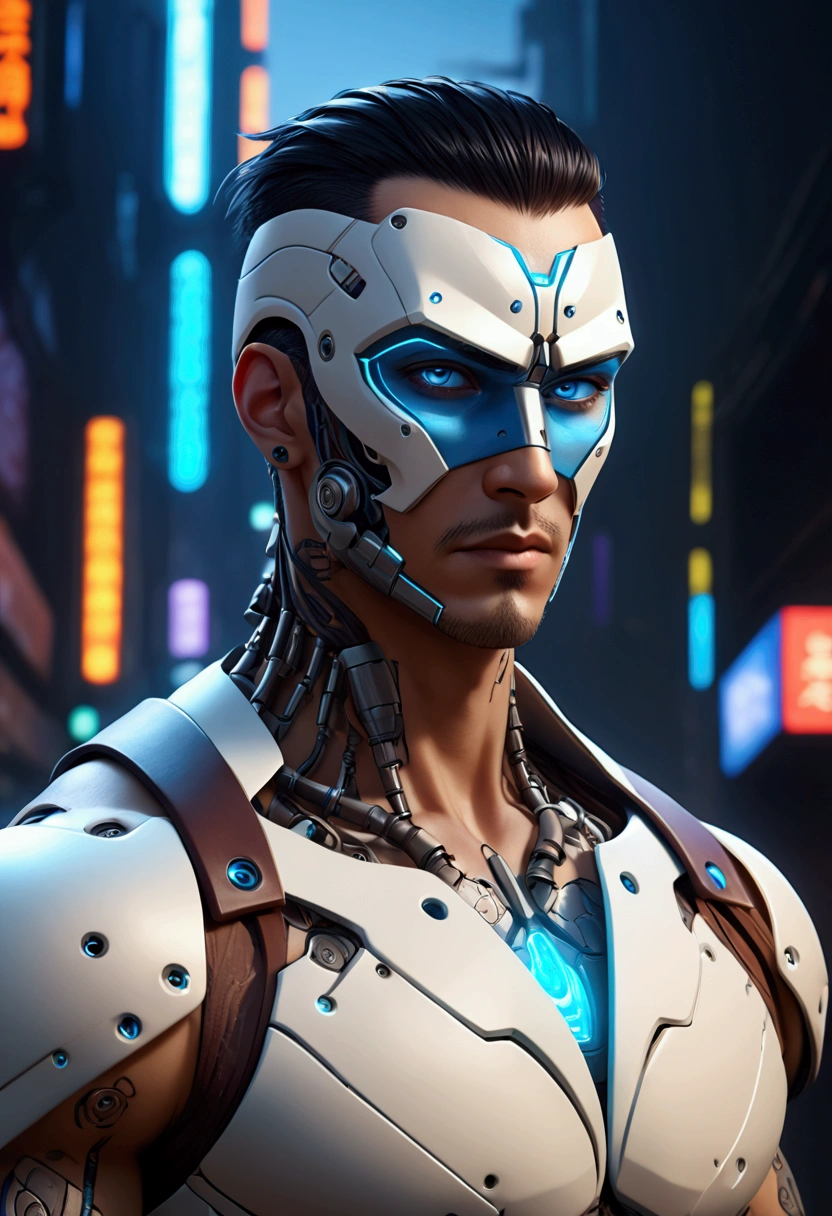 (best quality, Art, animation styling, Full of details), Upper body cut of a man with an Indian warrior feel, A man with a thick facial bone structure, A man with a thick neck and developed trapezius muscles, official anime art illustration, White person with blue eyes, Cartoon of a man wearing a mask on his face, protruding eyes, semi-realistic cyberpunk style, Portrait of a cyberpunk man, cyberpunk art ultrarealistic 8k, cyberpunk style ， hyper realist, cyberpunk character, Trends in ArtStation, Complete movie character, Trends in ArtStation 4k, Cyberpunk Cyborg Upper Body, Realistic upper body like a movie, A perfectly realistic cyberpunk hero., inc썩음ibly detailed, 8k, Ultra HD, Art, best quality, very detailed, convoluted, Expressing the upper body, Show me your waist, Cyborg, a machine-to-human ratio, Chest area full of visible machine parts, Machine parts for abs too, All below the neck is mechanical, Attaching machine parts to the face, Strong light emission on waist belt, A brightly lit city background, dark colored machine, full body pose, whole body