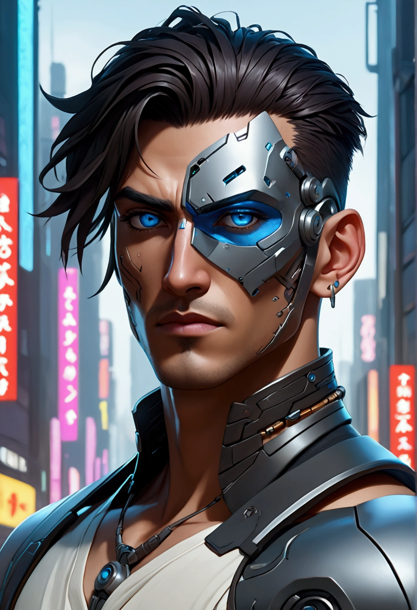 (best quality, Art, animation styling, Full of details), Upper body cut of a man with an Indian warrior feel, A man with a thick facial bone structure, A man with a thick neck and developed trapezius muscles, official anime art illustration, White person with blue eyes, Cartoon of a man wearing a mask on his face, protruding eyes, semi-realistic cyberpunk style, Portrait of a cyberpunk man, cyberpunk art ultrarealistic 8k, cyberpunk style ， hyper realist, cyberpunk character, Trends in ArtStation, Complete movie character, Trends in ArtStation 4k, Cyberpunk Cyborg Upper Body, Realistic upper body like a movie, A perfectly realistic cyberpunk hero., inc썩음ibly detailed, 8k, Ultra HD, Art, best quality, very detailed, convoluted, Expressing the upper body, Show me your waist, Cyborg, a machine-to-human ratio, Chest area full of visible machine parts, Machine parts for abs too, All below the neck is mechanical, Attaching machine parts to the face, Strong light emission on waist belt, A brightly lit city background, dark colored machine, full body pose, whole body