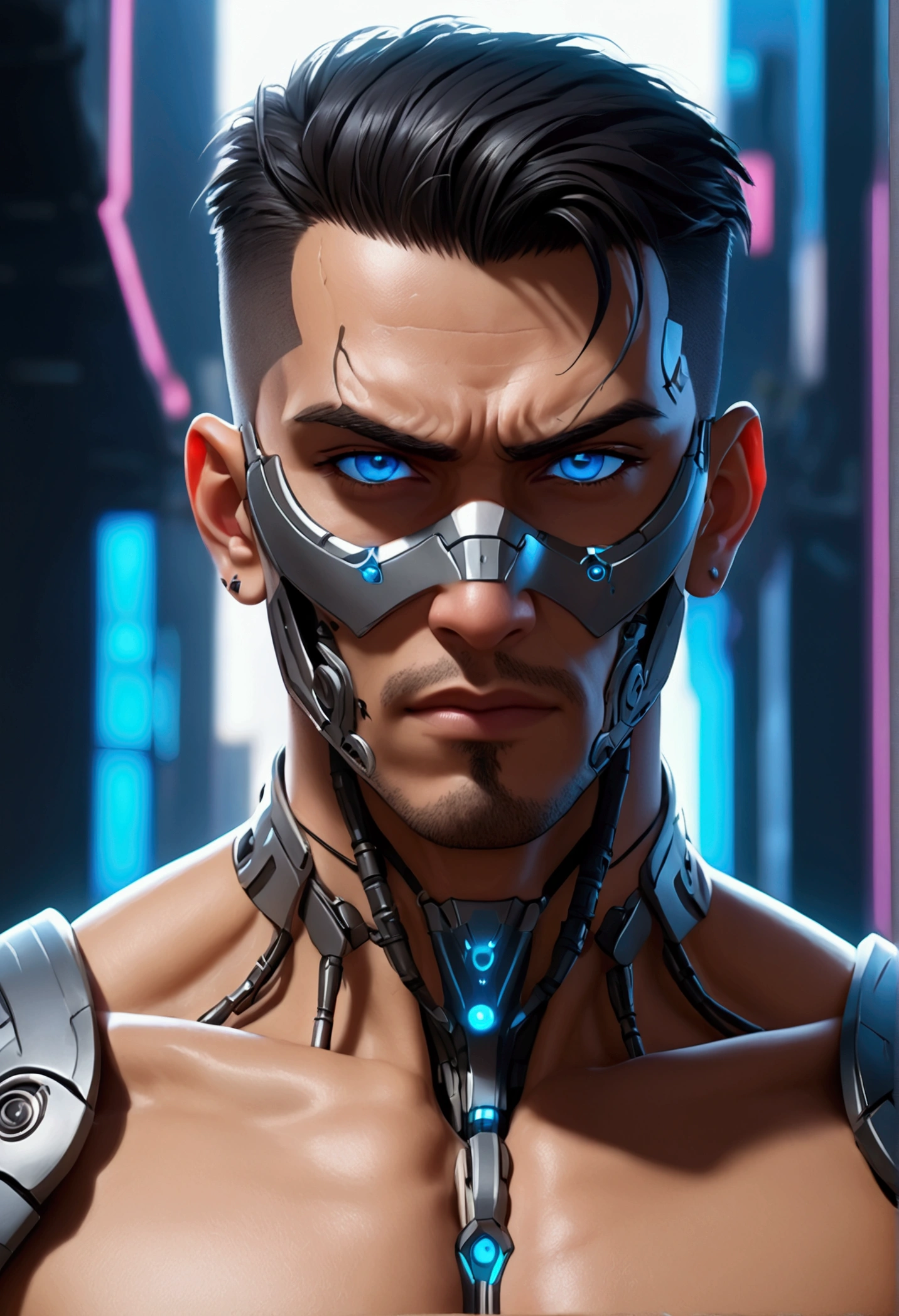 (best quality, Art, animation styling, Full of details), Upper body cut of a man with an Indian warrior feel, A man with a thick facial bone structure, A man with a thick neck and developed trapezius muscles, official anime art illustration, White person with blue eyes, Cartoon of a man wearing a mask on his face, protruding eyes, semi-realistic cyberpunk style, Portrait of a cyberpunk man, cyberpunk art ultrarealistic 8k, cyberpunk style ， hyper realist, cyberpunk character, Trends in ArtStation, Complete movie character, Trends in ArtStation 4k, Cyberpunk Cyborg Upper Body, Realistic upper body like a movie, A perfectly realistic cyberpunk hero., inc썩음ibly detailed, 8k, Ultra HD, Art, best quality, very detailed, convoluted, Expressing the upper body, Show me your waist, Cyborg, a machine-to-human ratio, Chest area full of visible machine parts, Machine parts for abs too, All below the neck is mechanical, Attaching machine parts to the face, Strong light emission on waist belt, A brightly lit city background, dark colored machine, full body pose, whole body