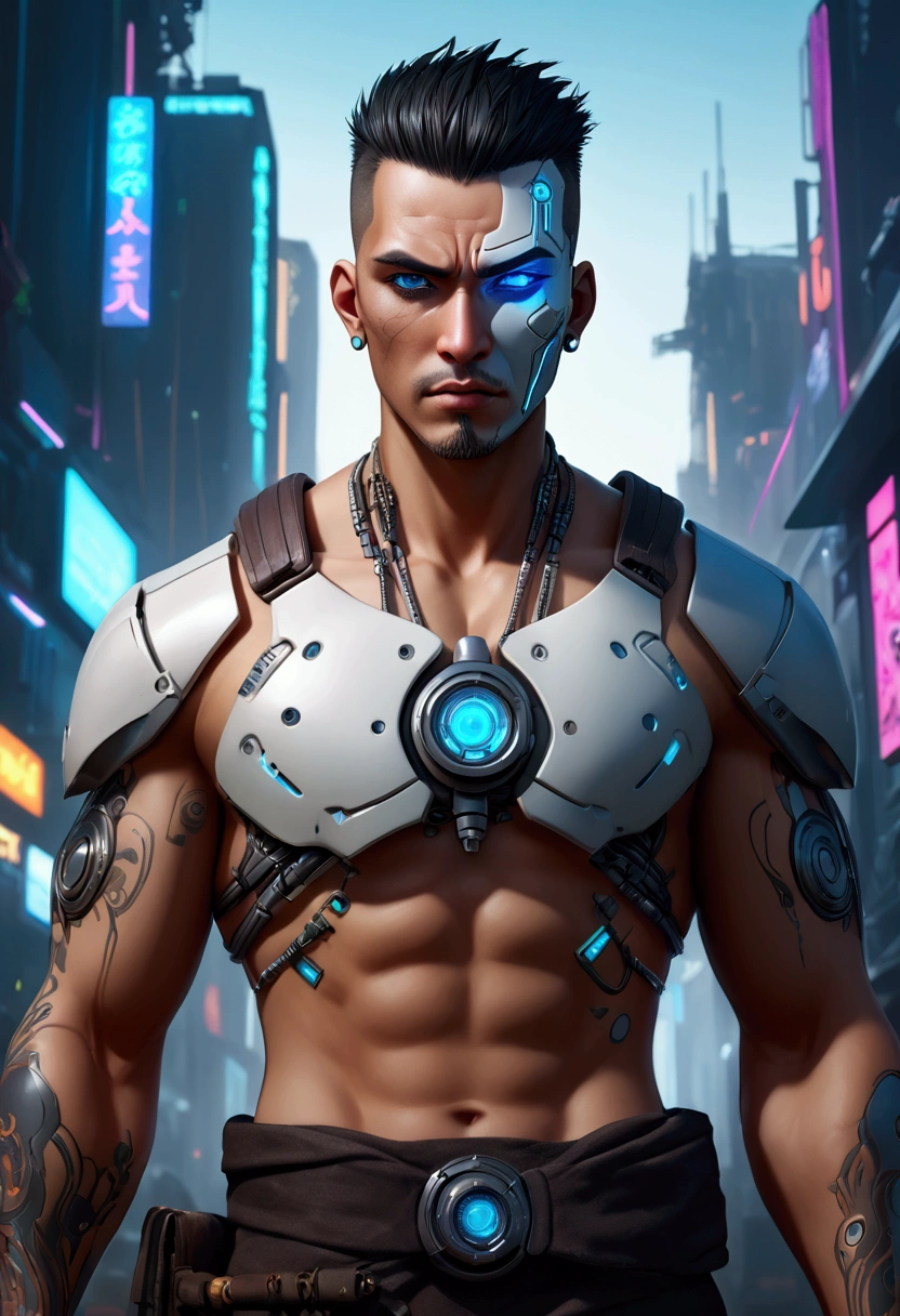 (best quality, Art, animation styling, Full of details), Upper body cut of a man with an Indian warrior feel, A man with a thick facial bone structure, A man with a thick neck and developed trapezius muscles, official anime art illustration, White person with blue eyes, Cartoon of a man wearing a mask on his face, protruding eyes, semi-realistic cyberpunk style, Portrait of a cyberpunk man, cyberpunk art ultrarealistic 8k, cyberpunk style ， hyper realist, cyberpunk character, Trends in ArtStation, Complete movie character, Trends in ArtStation 4k, Cyberpunk Cyborg Upper Body, Realistic upper body like a movie, A perfectly realistic cyberpunk hero., inc썩음ibly detailed, 8k, Ultra HD, Art, best quality, very detailed, convoluted, Expressing the upper body, Show me your waist, Cyborg, a machine-to-human ratio, Chest area full of visible machine parts, Machine parts for abs too, All below the neck is mechanical, Attaching machine parts to the face, Strong light emission on waist belt, A brightly lit city background, dark colored machine, full body pose, whole body