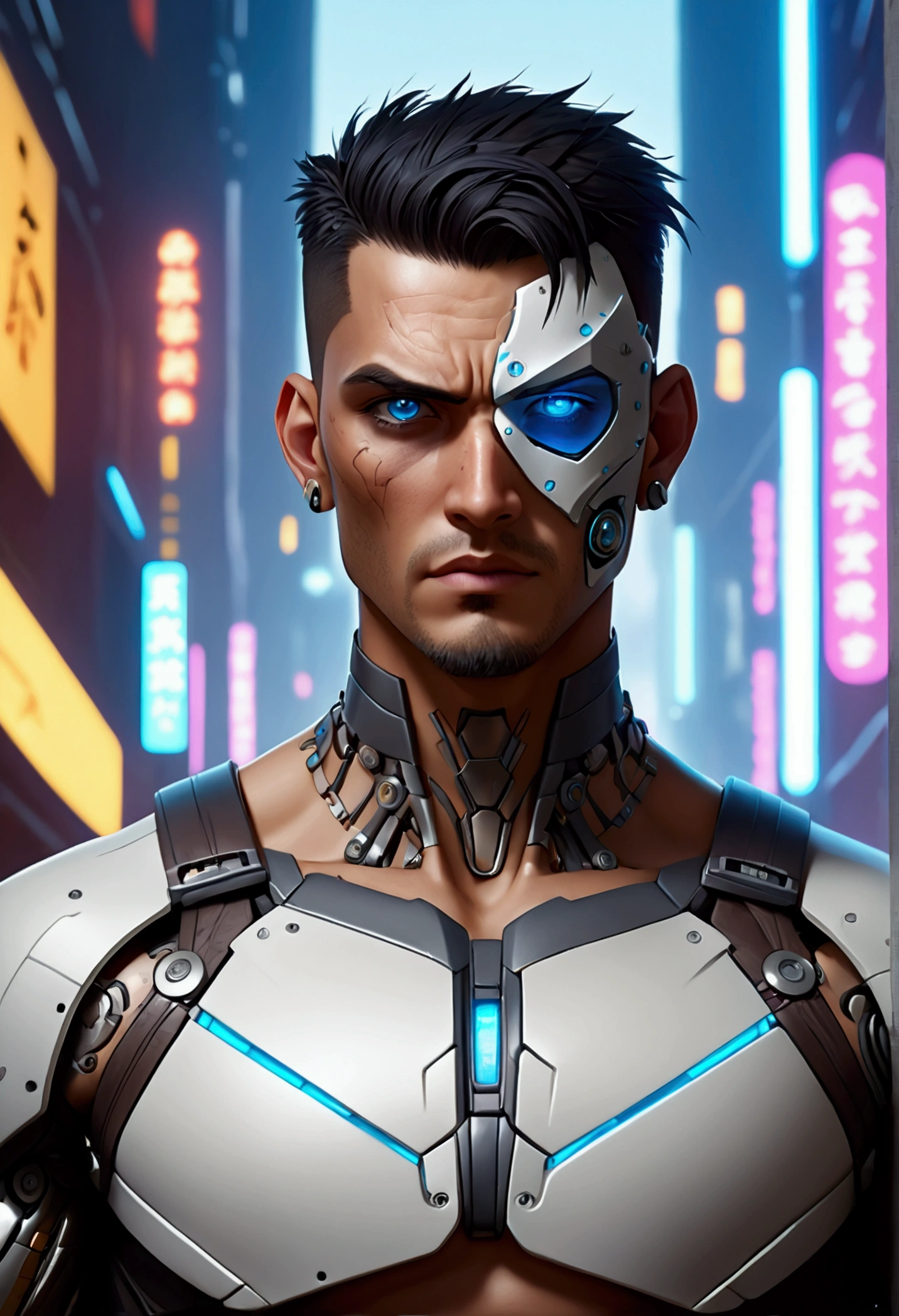 (best quality, Art, animation styling, Full of details), Upper body cut of a man with an Indian warrior feel, A man with a thick facial bone structure, A man with a thick neck and developed trapezius muscles, official anime art illustration, White person with blue eyes, Cartoon of a man wearing a mask on his face, protruding eyes, semi-realistic cyberpunk style, Portrait of a cyberpunk man, cyberpunk art ultrarealistic 8k, cyberpunk style ， hyper realist, cyberpunk character, Trends in ArtStation, Complete movie character, Trends in ArtStation 4k, Cyberpunk Cyborg Upper Body, Realistic upper body like a movie, A perfectly realistic cyberpunk hero., inc썩음ibly detailed, 8k, Ultra HD, Art, best quality, very detailed, convoluted, Expressing the upper body, Show me your waist, Cyborg, a machine-to-human ratio, Chest area full of visible machine parts, Machine parts for abs too, All below the neck is mechanical, Attaching machine parts to the face, Strong light emission on waist belt, A brightly lit city background, dark colored machine, full body pose, whole body