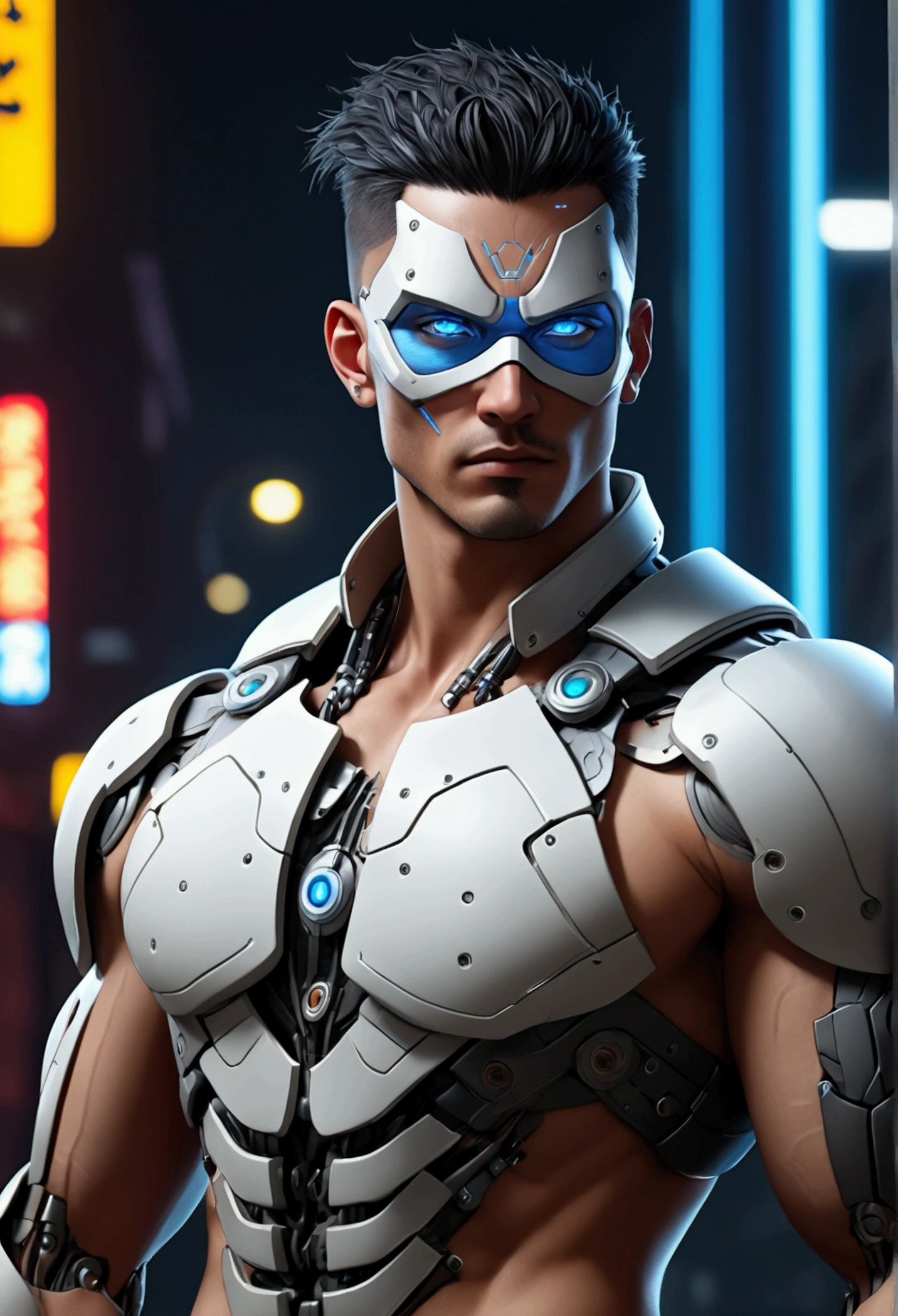 (best quality, Art, animation styling, Full of details), Upper body cut of a man with an Indian warrior feel, A man with a thick facial bone structure, A man with a thick neck and developed trapezius muscles, official anime art illustration, White person with blue eyes, Cartoon of a man wearing a mask on his face, protruding eyes, semi-realistic cyberpunk style, Portrait of a cyberpunk man, cyberpunk art ultrarealistic 8k, cyberpunk style ， hyper realist, cyberpunk character, Trends in ArtStation, Complete movie character, Trends in ArtStation 4k, Cyberpunk Cyborg Upper Body, Realistic upper body like a movie, A perfectly realistic cyberpunk hero., inc썩음ibly detailed, 8k, Ultra HD, Art, best quality, very detailed, convoluted, Expressing the upper body, Show me your waist, Cyborg, a machine-to-human ratio, Chest area full of visible machine parts, Machine parts for abs too, All below the neck is mechanical, Attaching machine parts to the face, Strong light emission on waist belt, A brightly lit city background, dark colored machine, full body pose, whole body