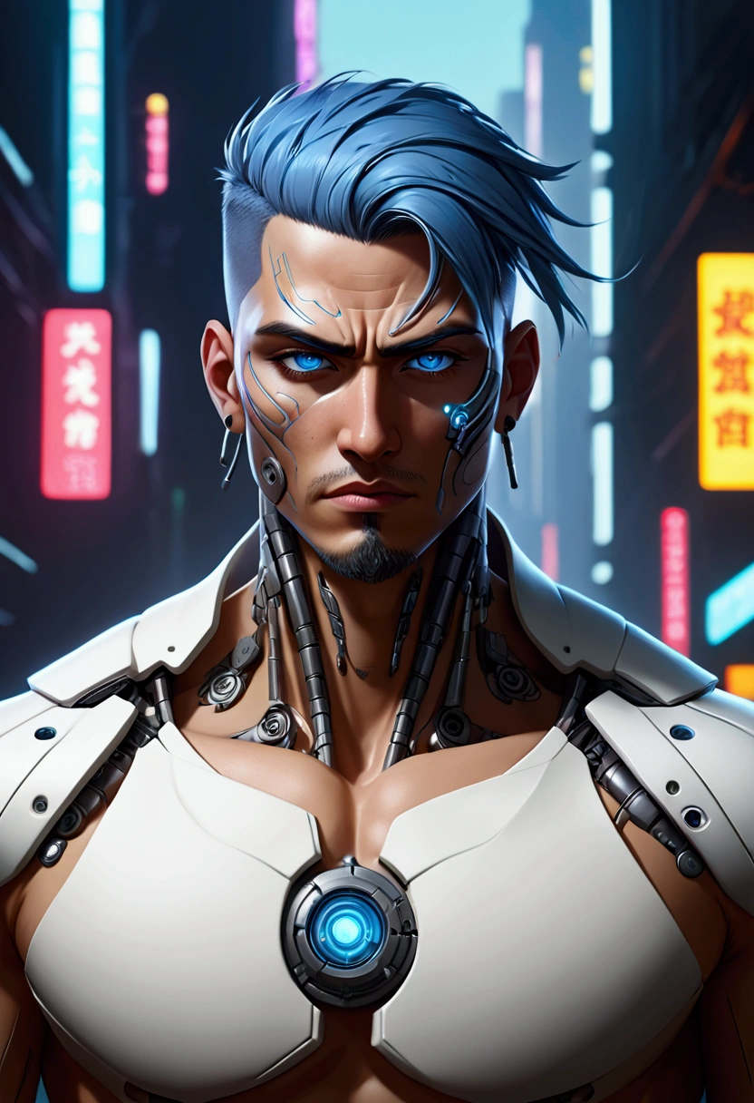 (best quality, Art, animation styling, Full of details), Upper body cut of a man with an Indian warrior feel, A man with a thick facial bone structure, A man with a thick neck and developed trapezius muscles, official anime art illustration, White person with blue eyes, Cartoon of a man wearing a mask on his face, protruding eyes, semi-realistic cyberpunk style, Portrait of a cyberpunk man, cyberpunk art ultrarealistic 8k, cyberpunk style ， hyper realist, cyberpunk character, Trends in ArtStation, Complete movie character, Trends in ArtStation 4k, Cyberpunk Cyborg Upper Body, Realistic upper body like a movie, A perfectly realistic cyberpunk hero., inc썩음ibly detailed, 8k, Ultra HD, Art, best quality, very detailed, convoluted, Expressing the upper body, Show me your waist, Cyborg, a machine-to-human ratio, Chest area full of visible machine parts, Machine parts for abs too, All below the neck is mechanical, Attaching machine parts to the face, Strong light emission on waist belt, A brightly lit city background, dark colored machine, full body pose, whole body