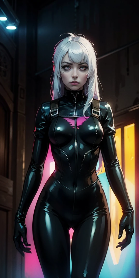 masterpiece， best quality， 8K， number， 1 girl， alone， stand up， youth， white hair， long white hair， hair accessories， Red eyes， round pupils， Emotionless expression， Bloodstained mechanical parts， electric wire， cable， failure effect， scary， Science fiction， futuristic， The background is darker inside， neon lights， cyberpunk characters， surreal， Strange， Disturbing， spine-chilling， scary， One-piece Pants，Red eyes，Venom Possession，blackened，Long black gloves，Rompers，Tight latex jumpsuit，Highlight her graceful figure,Wrap the whole body and stand up，symbiont，（（Raised sexy）），One-piece Pants，Red eyes，Venom Possession，blackened，Long black gloves，Rompers，Black latex clothing，Blood-Red eyes，best quality, High resolution, super detailed, Vivid texture, mask, Tight latex jumpsuit, Bangs,purple hair, blue eyes