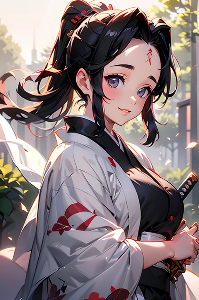 (((beautiful))), (((kimono, knife, knifeを持っている))), ((Black Hair, parted bangs, forehead, ponytail, hair ornaments, Chubby)), One Woman, Small breasts, Glowing Skin, (((Intricate details))), High resolution, ((Intricate details, Ultra-detailed)), Are standing, from front, wide shot, (looking at viewer, look at viewer), Red cheeks, smile, night, garden,