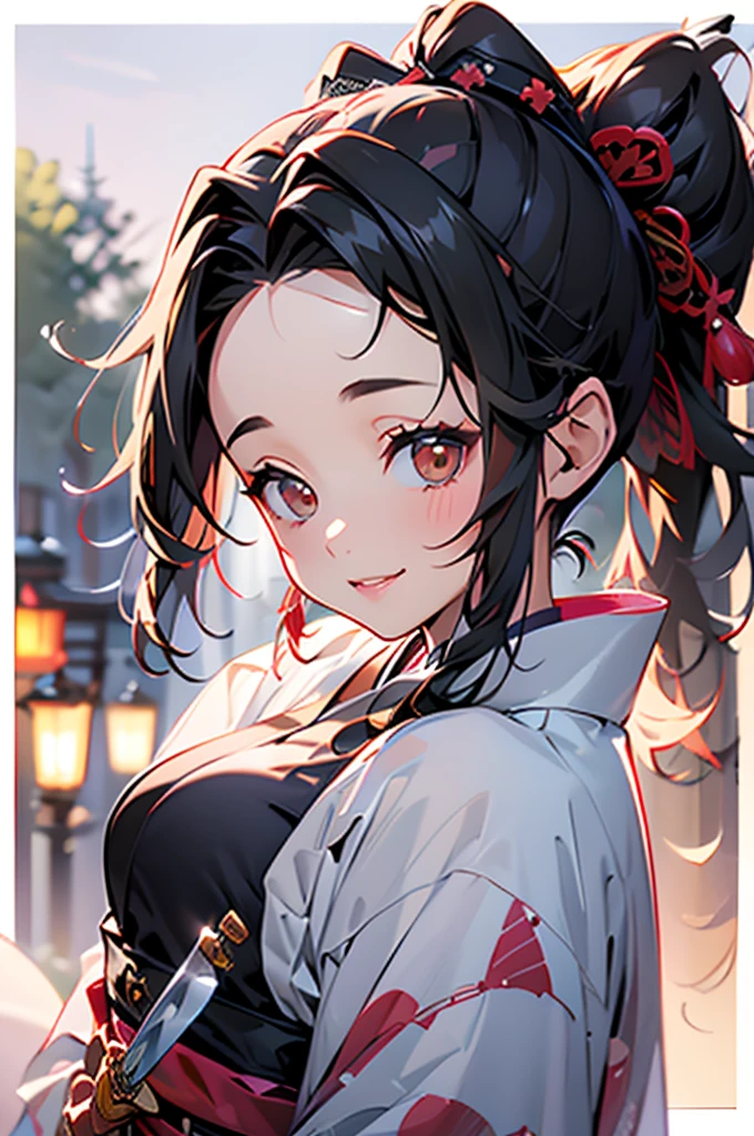 (((beautiful))), (((kimono, knife, knifeを持っている))), ((Black Hair, parted bangs, forehead, ponytail, hair ornaments, Chubby)), One Woman, Small breasts, Glowing Skin, (((Intricate details))), High resolution, ((Intricate details, Ultra-detailed)), Are standing, from front, wide shot, (looking at viewer, look at viewer), Red cheeks, smile, night, garden,