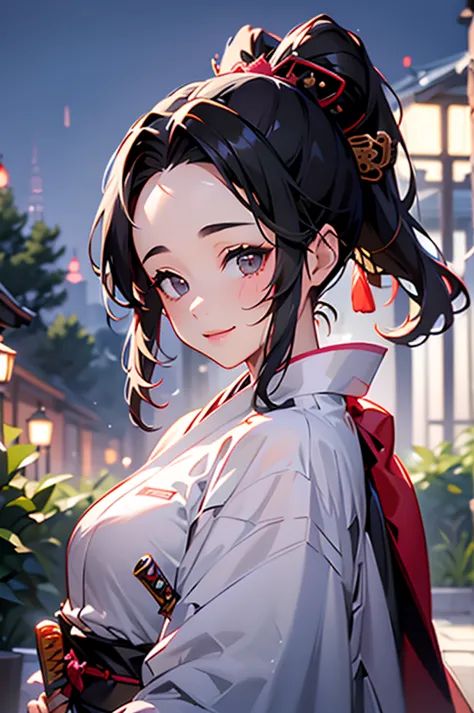 (((beautiful))), (((kimono, knife, knifeを持っている))), ((black hair, parted bangs, forehead, ponytail, hair ornaments, chubby)), one...