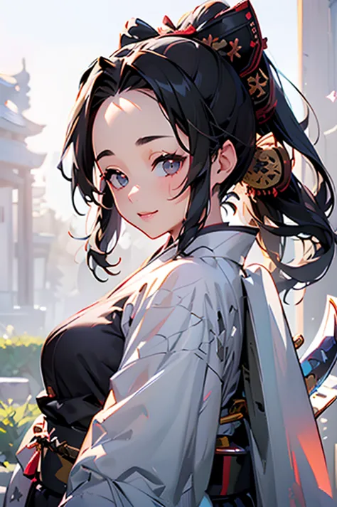 (((beautiful))), (((kimono, big sword))), ((black hair, parted bangs, forehead, ponytail, hair ornaments, chubby)), one woman, s...