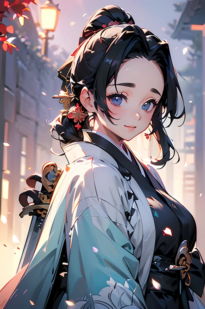 (((beautiful))), (((kimono, Big sword))), ((Black Hair, parted bangs, forehead, ponytail, hair ornaments, Chubby)), One Woman, Small breasts, Glowing Skin, (((Intricate details))), High resolution, ((Intricate details, Ultra-detailed)), Are standing, from front, wide shot, (looking at viewer, look at viewer), Red cheeks, smile, night, garden,