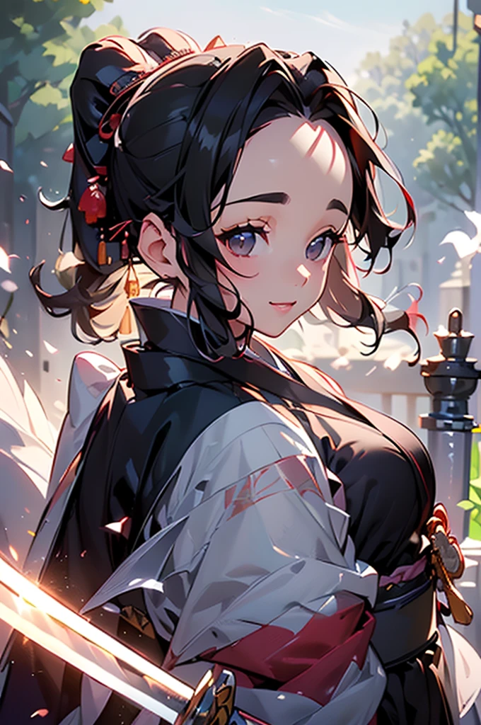 (((beautiful))), (((kimono, Big sword))), ((Black Hair, parted bangs, forehead, ponytail, hair ornaments, Chubby)), One Woman, Small breasts, Glowing Skin, (((Intricate details))), High resolution, ((Intricate details, Ultra-detailed)), Are standing, from front, wide shot, (looking at viewer, look at viewer), Red cheeks, smile, night, garden,