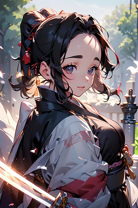 (((beautiful))), (((kimono, big sword))), ((black hair, parted bangs, forehead, ponytail, hair ornaments, chubby)), one woman, s...