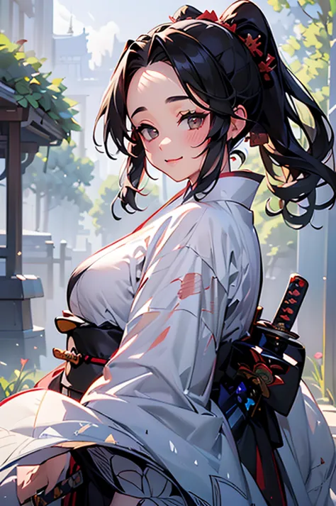 (((beautiful))), (((kimono, big sword))), ((black hair, parted bangs, forehead, ponytail, hair ornaments, chubby)), one woman, s...