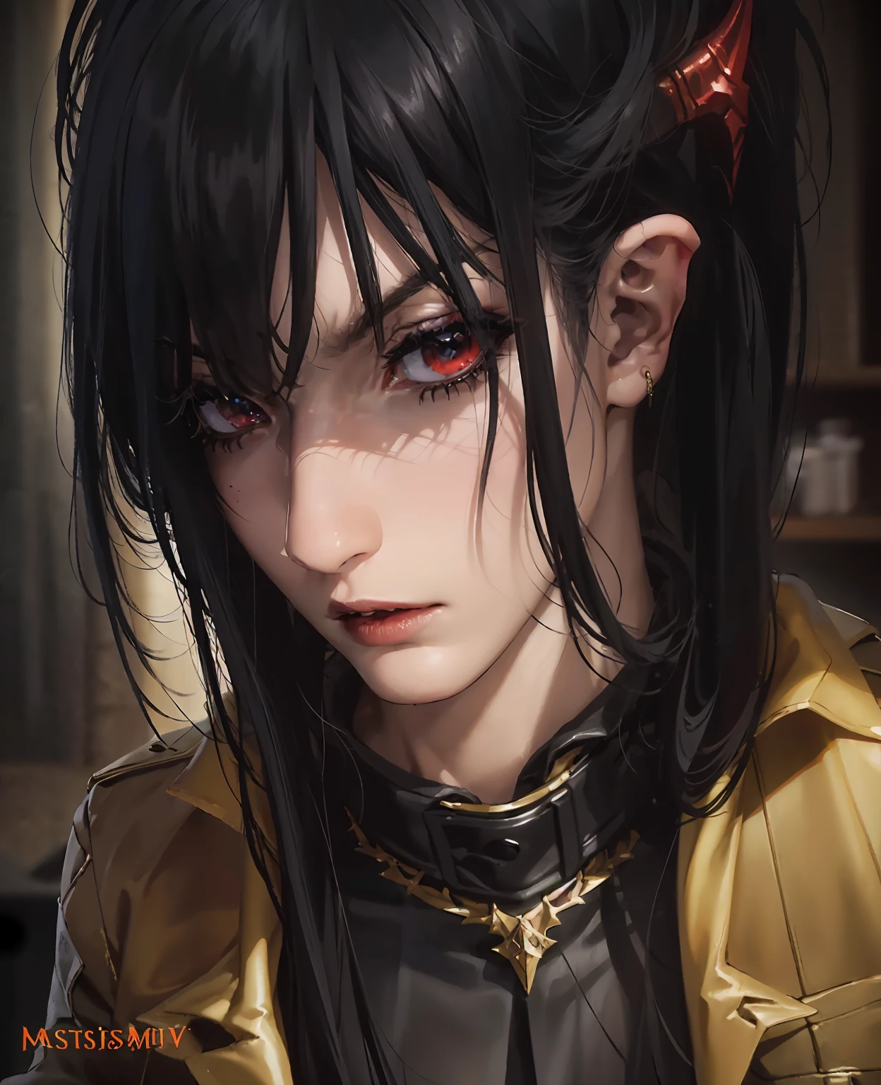 a devilish woman with black hair, pale skin, extremely detailed face, beautiful detailed eyes, high cheekbones, beautifully detailed lips, red eyes, wearing an elf-like costume, dark and mysterious setting, dramatic lighting, moody atmosphere, fantasy, digital art, illustration, concept art, dark fantasy, cinematic, (best quality,4k,8k,highres,masterpiece:1.2),ultra-detailed,(realistic,photorealistic,photo-realistic:1.37)