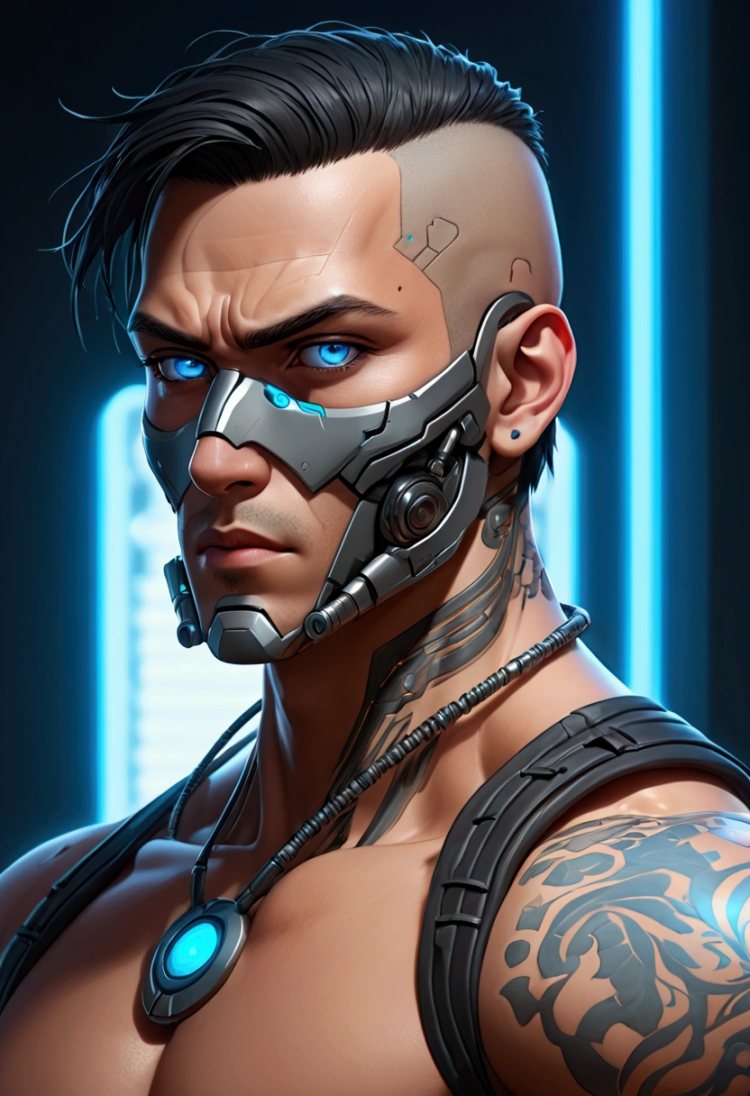 (best quality, Art, animation styling, Full of details), Upper body cut of a man with an Indian warrior feel, A man with a thick facial bone structure, A man with a thick neck and developed trapezius muscles, official anime art illustration, White person with blue eyes, Cartoon of a man wearing a mask on his face, protruding eyes, semi-realistic cyberpunk style, Portrait of a cyberpunk man, cyberpunk art ultrarealistic 8k, cyberpunk style ， hyper realist, cyberpunk character, Trends in ArtStation, Complete movie character, Trends in ArtStation 4k, Cyberpunk Cyborg Upper Body, Realistic upper body like a movie, A perfectly realistic cyberpunk hero., inc썩음ibly detailed, 8k, Ultra HD, Art, best quality, very detailed, convoluted, Expressing the upper body, Show me your waist, Cyborg, a machine-to-human ratio, Chest area full of visible machine parts, Machine parts for abs too, All below the neck is mechanical, Attaching machine parts to the face, Strong light emission on waist belt, A brightly lit city background, dark colored machine, full body pose, whole body