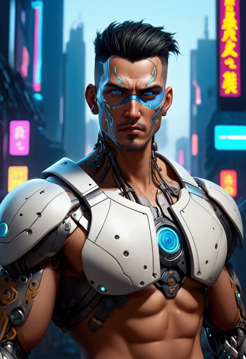 (best quality, Art, animation styling, Full of details), Upper body cut of a man with an Indian warrior feel, A man with a thick facial bone structure, A man with a thick neck and developed trapezius muscles, official anime art illustration, White person with blue eyes, Cartoon of a man wearing a mask on his face, protruding eyes, semi-realistic cyberpunk style, Portrait of a cyberpunk man, cyberpunk art ultrarealistic 8k, cyberpunk style ， hyper realist, cyberpunk character, Trends in ArtStation, Complete movie character, Trends in ArtStation 4k, Cyberpunk Cyborg Upper Body, Realistic upper body like a movie, A perfectly realistic cyberpunk hero., inc썩음ibly detailed, 8k, Ultra HD, Art, best quality, very detailed, convoluted, Expressing the upper body, Show me your waist, Cyborg, a machine-to-human ratio, Chest area full of visible machine parts, Machine parts for abs too, All below the neck is mechanical, Attaching machine parts to the face, Strong light emission on waist belt, A brightly lit city background, dark colored machine, full body pose, whole body