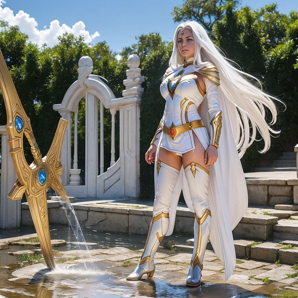 (((Full body image))) A beautiful female warrior, With long white hair and eyes, Wearing white and gold DC Comics Shazam armor，There are several rays on the body，Urine flows down the thighs from the crotch，Wet diapers, Urine stains, (Puddle), Delicate face, Pretty Face, Blushed with shame, Insulted,