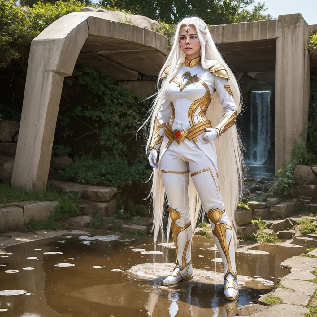 (((Full body image))) A beautiful female warrior, With long white hair and eyes, Wearing white and gold DC Comics Shazam armor，There are several rays on the body，Urine flows down the thighs from the crotch，Wet diapers, Urine stains, (Puddle), Delicate face, Pretty Face, Blushed with shame, Insulted,