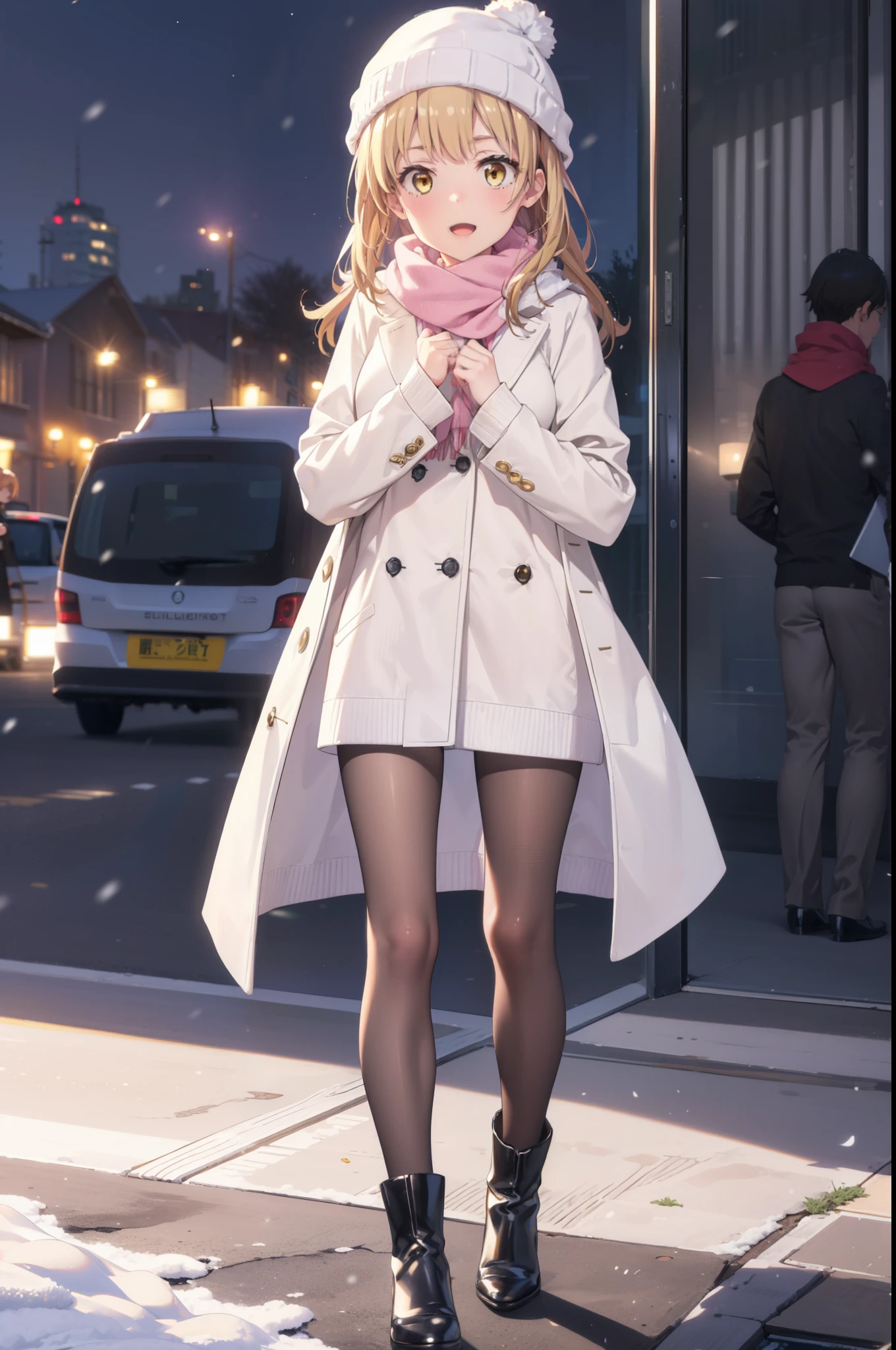 Irohaisshiki, isshiki iroha, Long Hair, Brown Hair, (Brown eyes:1.5), smile,Open your mouth,White Breath,low twin tail,Knitted hat,White scarf,Yellow long coat　Open front,Pink v-neck sweater,Short denim,Black pantyhose,short boots,Walking,snowが降っている,snowが積もっている,moon,night,snow,snow,snow,snow,whole bodyがイラストに入るように,　　　　　　　　　break outdoors, Building district,
break looking at viewer,whole body,
break (masterpiece:1.2), Highest quality, High resolution, unity 8k wallpaper, (figure:0.8), (Beautiful attention to detail:1.6), Highly detailed face, Perfect lighting, Highly detailed CG, (Perfect hands, Perfect Anatomy),