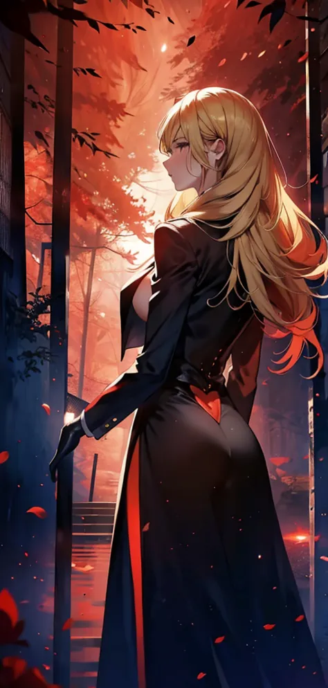 Blonde woman，Long coat，Rear View，silhouette，Sexy Body，Red Forest，Red Moon，Red Night，