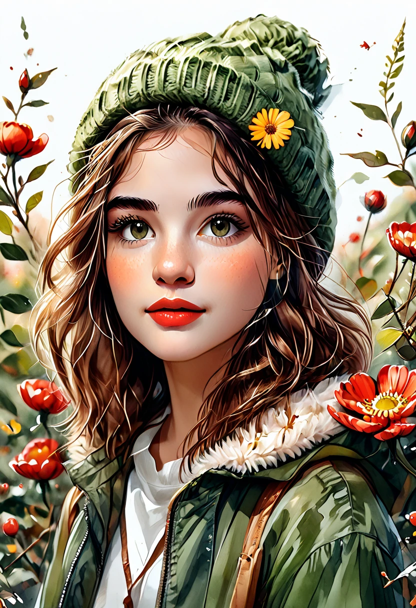 Uma ilustracao em aquarela de uma mulher com uma flor na mão e um suéter verde, realistic bonitinho girl painting, bonitinho art style, bonitinho detailed artwork, beautiful estilo de desenho, bonitinho illustration, bonitinho digital art, bonitinho detailed digital art, ilustração serena, bonitinho artwork, bonitinho drawing,  com cara de flor, tendências em arte, estilo de desenho, bonitinho cartoon, 🍁 bonitinho, ilustração de estilo cartoon