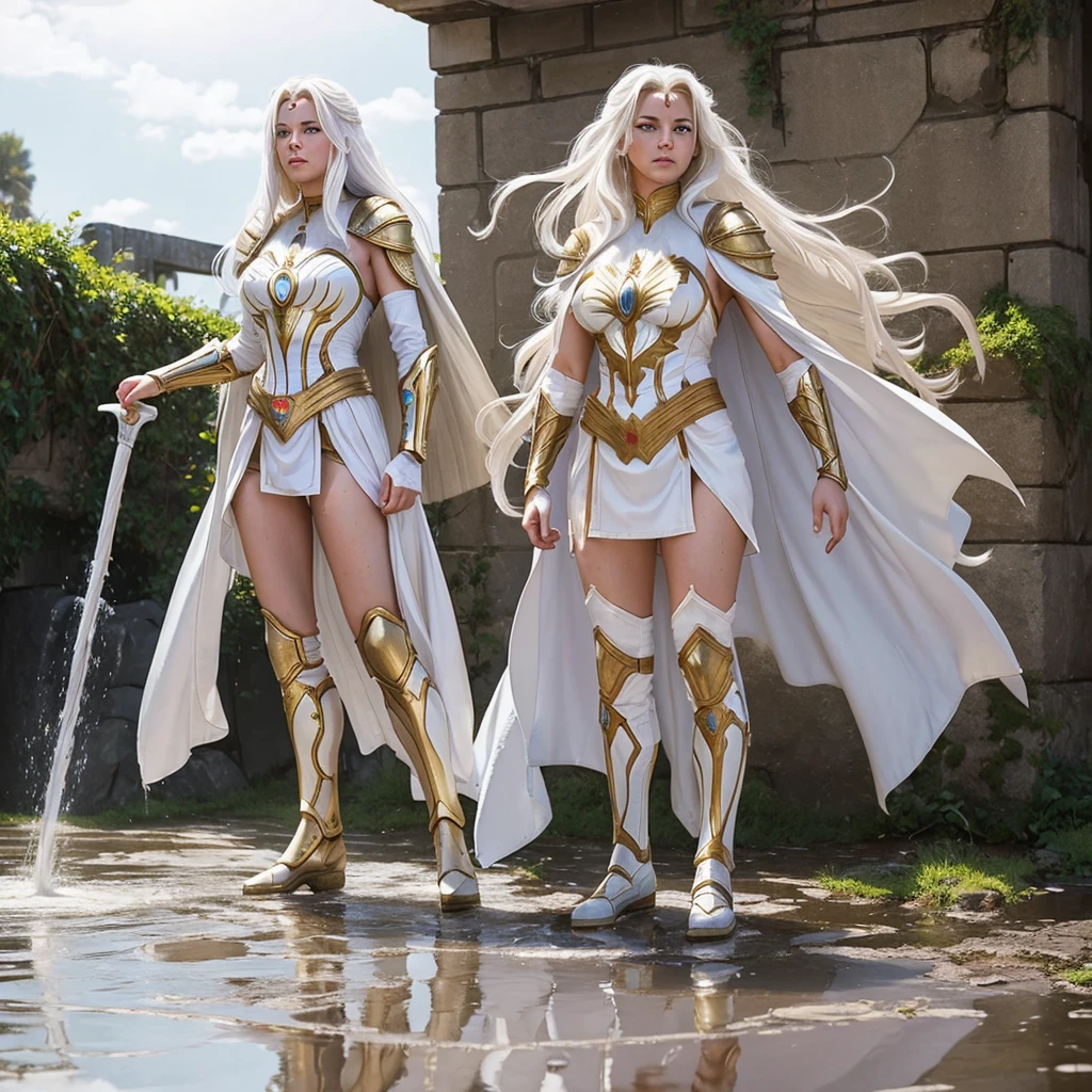 (((Full body image))) A beautiful female warrior, With long white hair and eyes, Wearing white and gold DC Comics Shazam armor，There are several rays on the body，Urine flows down the thighs from the crotch，Wet diapers, Urine stains, (Puddle), Delicate face, Pretty Face, Blushed with shame, Insulted,