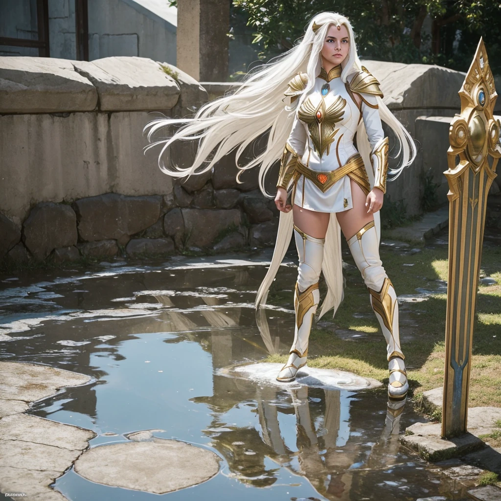 (((Full body image))) A beautiful female warrior, With long white hair and eyes, Wearing white and gold DC Comics Shazam armor，There are several rays on the body，Urine flows down the thighs from the crotch，Wet diapers, Urine stains, (Puddle), Delicate face, Pretty Face, Blushed with shame, Insulted,