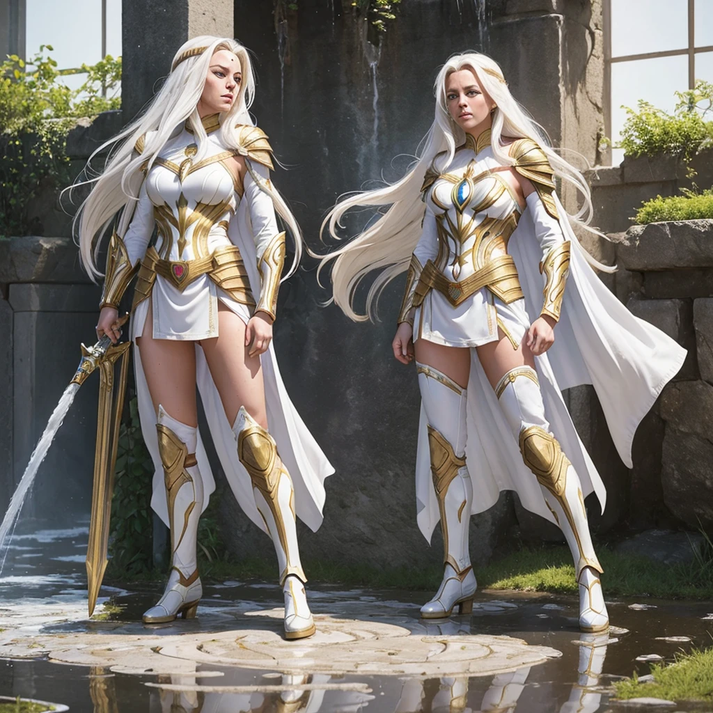 (((Full body image))) A beautiful female warrior, With long white hair and eyes, Wearing white and gold DC Comics Shazam armor，There are several rays on the body，Urine flows down the thighs from the crotch，Wet diapers, Urine stains, (Puddle), Delicate face, Pretty Face, Blushed with shame, Insulted,