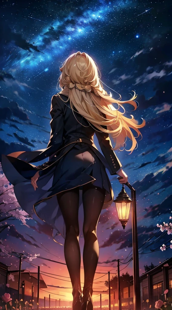 １人们々々々々々々々々々,{{blonde long hair}}，长大衣，剪影， 后视图，太空天空, 银河系, 动漫风格, 灯柱, 玫瑰，玫瑰 Garden at Night，月夜，樱花飘落满地，