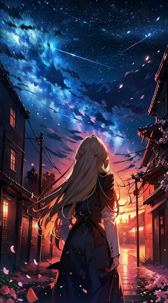 １people々々々々々々々々々,Blonde long hair，Long coat，silhouette， Rear View，Space Sky, milky way, Anime Style, lamp post, Rose，Rose Garden at Night，Moonlit Night，Cherry blossoms falling all around，