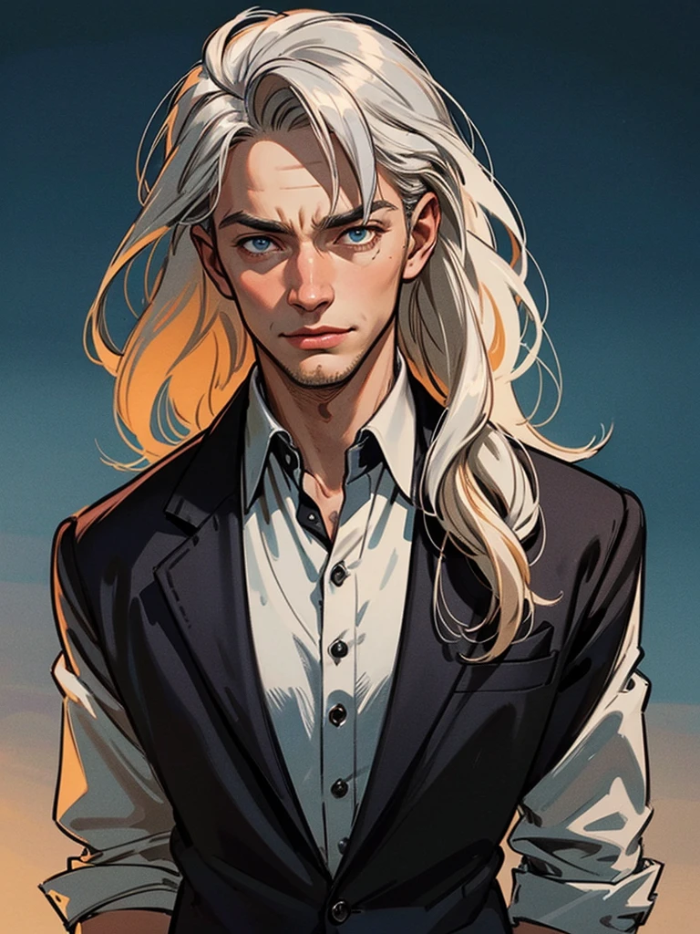 ((adult male)) (male), handsome man, perfect face, evil smile, manly man, gray coat, black suit, one adult man, beautiful long straight platinum hair, blonde hair, blue eyes, white Victorian shirt, handsome face, straight blond hair, (long silver hair), Hair in detail, dramatic, harsh, tense, distorted face, nightmare, complex details, over-detailed, cinematic, dark shot, film grain, soothing tones, muted colors, technicolor BREAKTHROUGH outdoors, twilight, breakthrough in ray tracing,