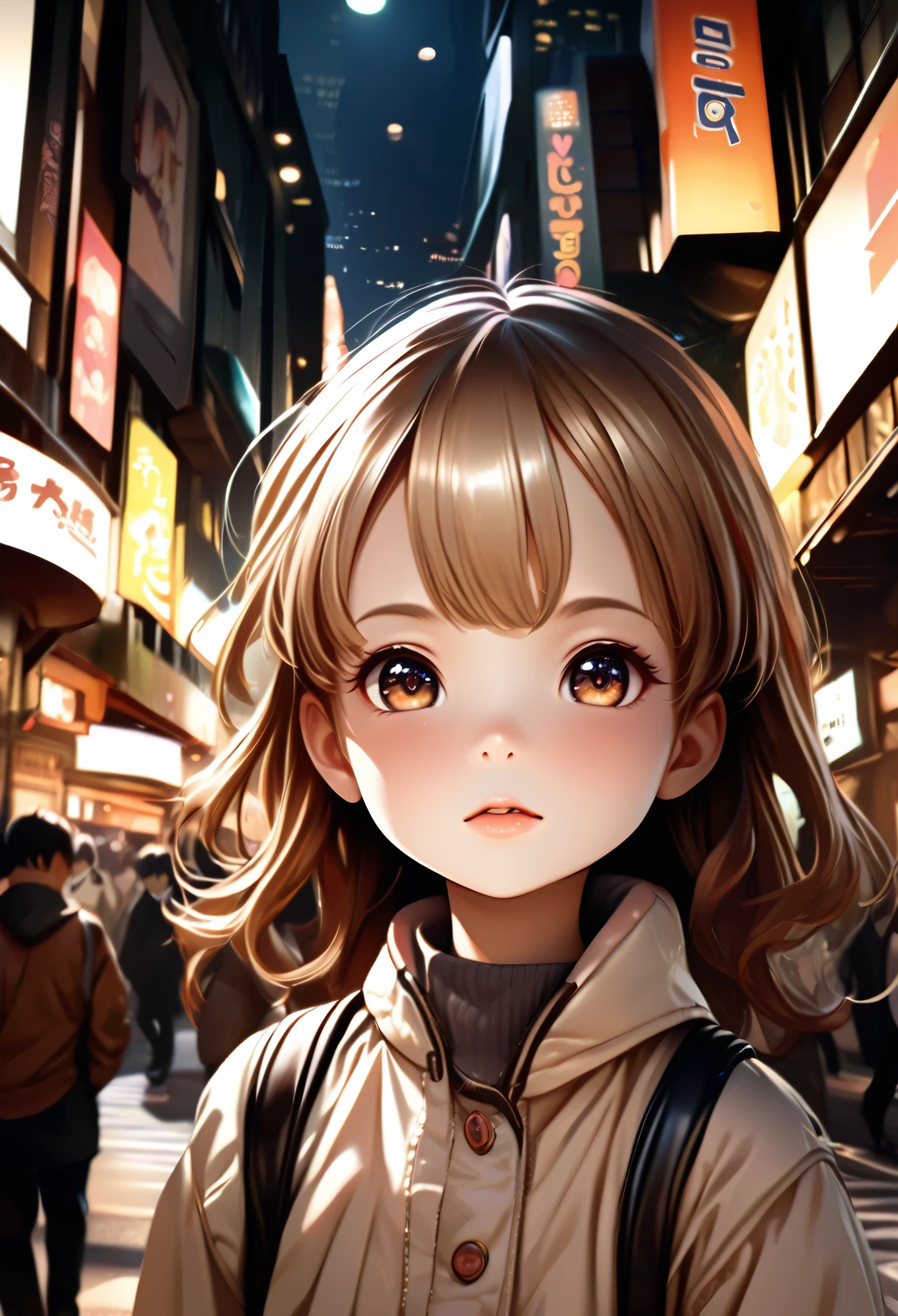 1girl, Tokyo street,night, cityscape,city lights, upper body,close-up, 8k, RAW photo, best quality, masterpiece,realistic, photo-realistic, Child Anime v1, lolicon 