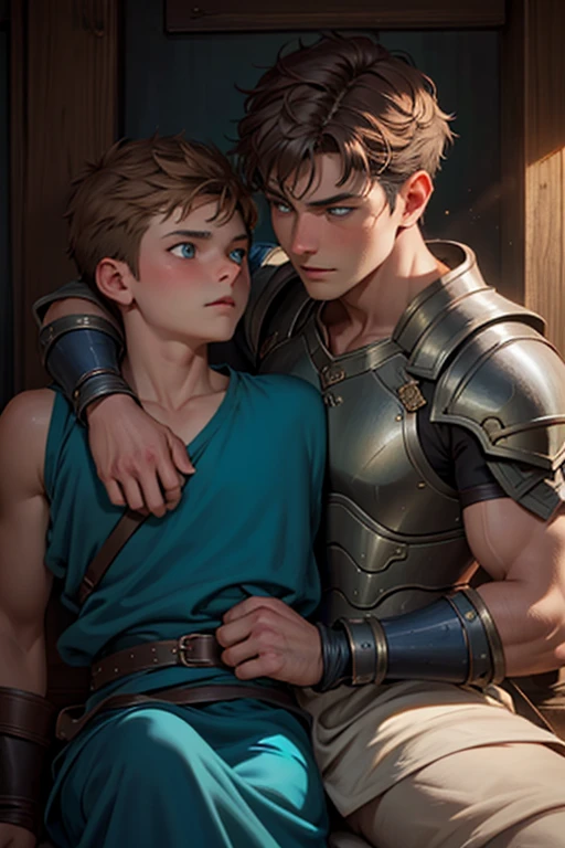 Photo-realistic. A pleased, 16-year-old, handsome, muscular Caucasian man with fade-cut, brown hair, and blue eyes, wearing shabby, sleeveless, leather armor, with metal shoulder guards, boasting, as he tells a dramatic story to a 15-year-old, lean, Caucasian peasant man, with short, brown hair, and blue eyes, in a blue and green tunic, listening in wonder, sitting next to each other on a simple bed, in a rustic inn room, at night.