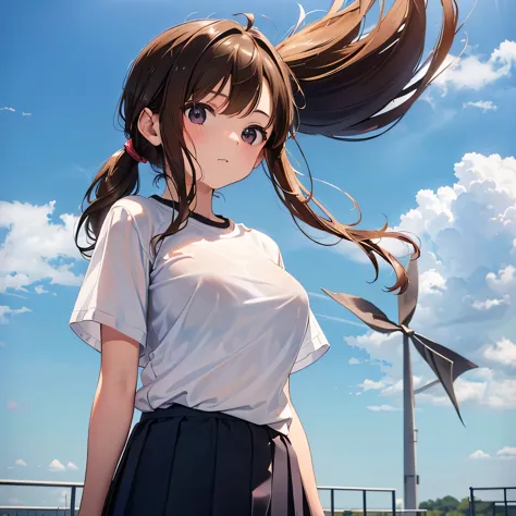 16k、masterpiece、high resolution、((18-year-old school girl))、brown hair、ponytail、very large breasts、(((white short sleeve sporty ...