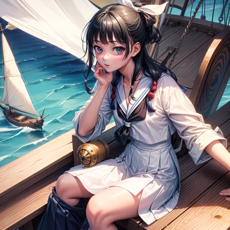 one girl（８year）, pirate, highest quality、cinema lighting、sailor suit、long skirt、 yacht（galleon）on the mast、white panties,