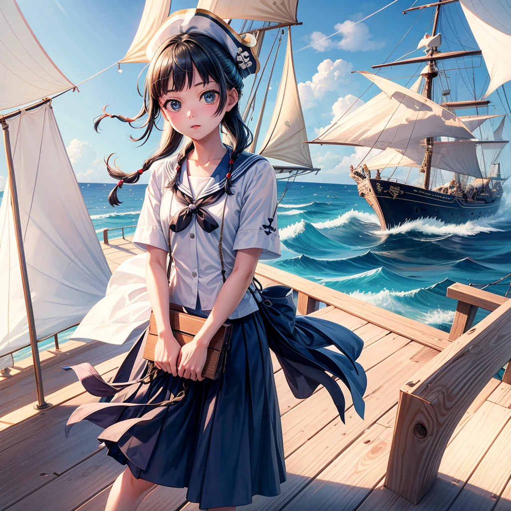 One Girl（８Year）, pirate, Highest quality、Cinema Lighting、Sailor suit、Long skirt、 Yacht（galleon）on the mast、White panties,