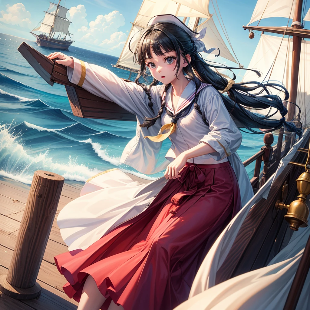 One Girl（８Year）, pirate, Highest quality、Cinema Lighting、Sailor suit、Long skirt、 Yacht（galleon）on the mast、White panties,