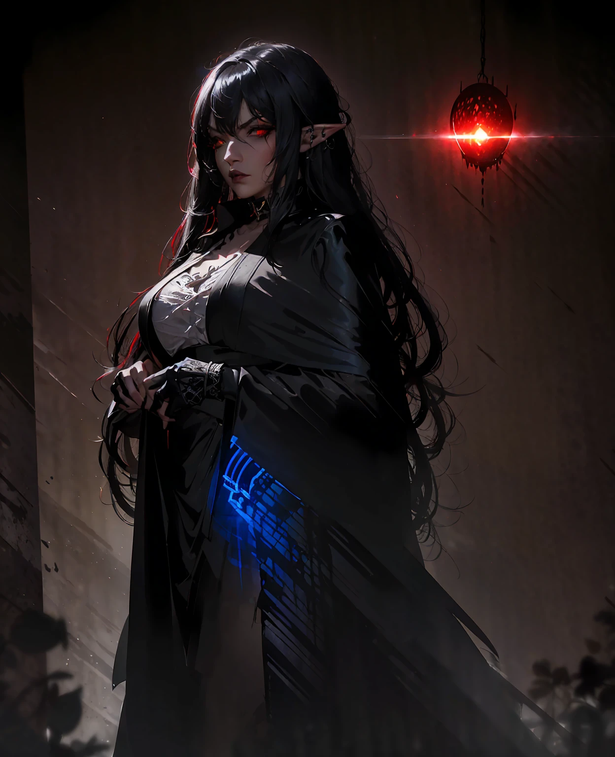 a devilish woman with long flowing black hair, pale porcelain skin, and piercing red eyes, wearing an intricate elf-like costume with dark leather and shimmering accents, set against a dark and mysterious fantasy backdrop with swirling shadows, glowing magical runes, and an ominous full moon overhead, (best quality,8k,ultra-detailed,masterpiece:1.2),(photorealistic:1.37),(dark fantasy,gothic,concept art,cinematic lighting)