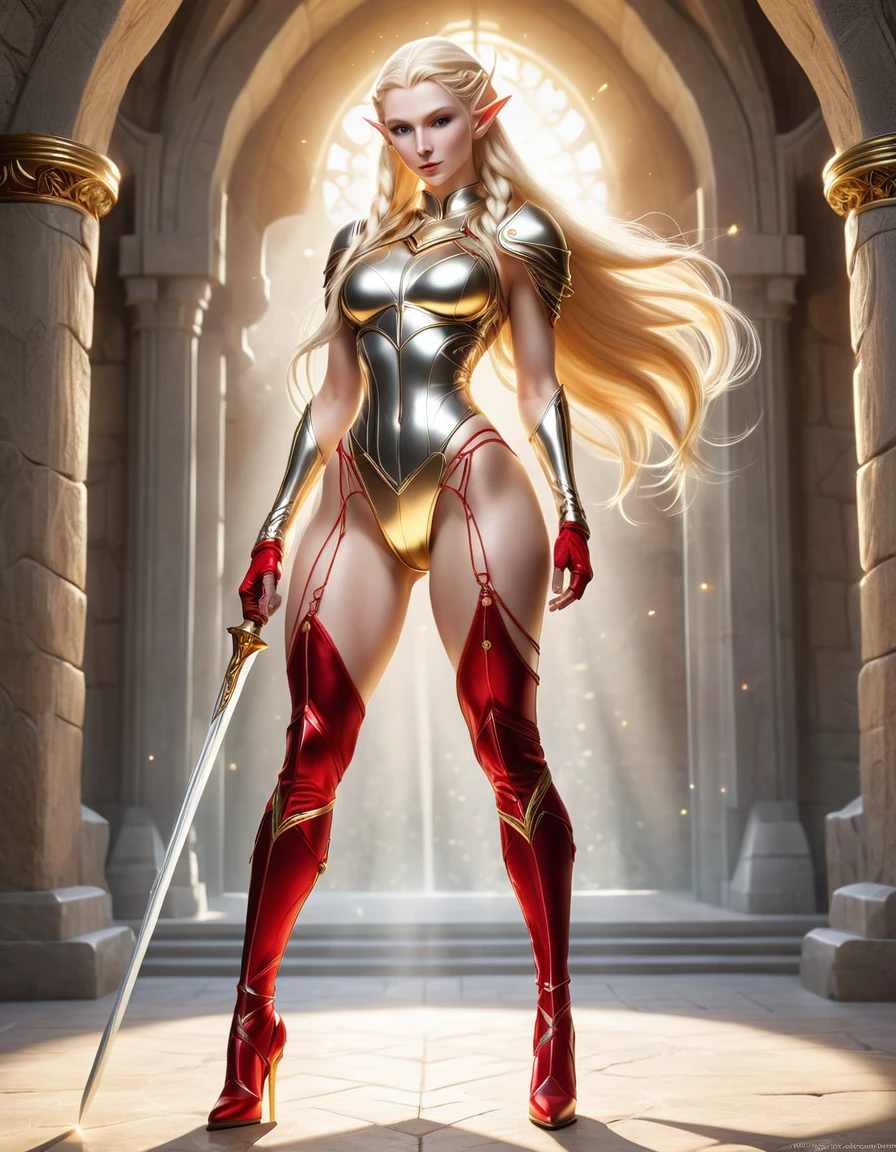 Full body picture，Sexy blonde elf woman, Elf Culture, , Beautiful pale elf woman, Very pale skin, Light grey eyes, High cheekbones, Red face, Mental foramen, Long and blond hair, Double braided hair, Gold Thong Bodysuit Armor, Silver long slit skirt, Gold and Silver Medal Details, Giant golden glove, Sports curvy figure, Show your thighs, Sexy thighs, Quadriceps muscle details, muscle, Body side view, Full body view, cave, sun, Backlight, accurate image, Epic Image, masterpiece